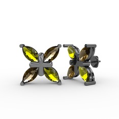 Dört Taşlı Rüzgar Küpe - Peridot ve dumanlı kuvars 925 ayar siyah rodyum kaplama gümüş küpe #1v056c3