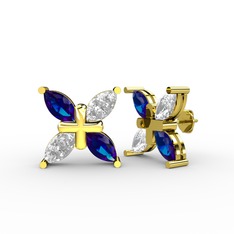 Dört Taşlı Rüzgar Küpe - Lab safir ve swarovski 14 ayar altın küpe #1vdcp9k