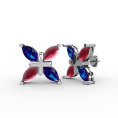 Dört Taşlı Rüzgar Küpe - Lab safir ve kök yakut 8 ayar beyaz altın küpe #1wzwone