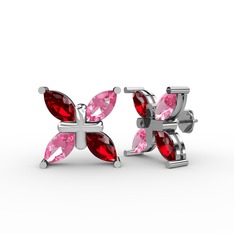 Dört Taşlı Rüzgar Küpe - Garnet ve pembe kuvars 14 ayar beyaz altın küpe #1x83kay