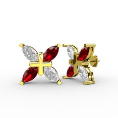 Dört Taşlı Rüzgar Küpe - Beyaz zirkon ve garnet 14 ayar altın küpe #1xbaqfj