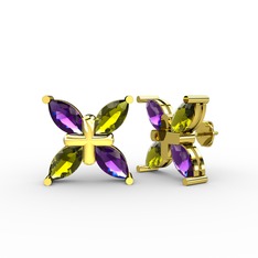 Dört Taşlı Rüzgar Küpe - Ametist ve peridot 8 ayar altın küpe #1xdgdji