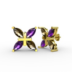 Dört Taşlı Rüzgar Küpe - Dumanlı kuvars ve ametist 14 ayar altın küpe #1xo5twv