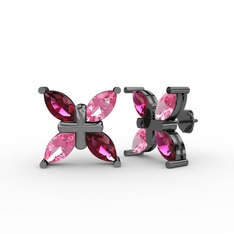 Rodolit garnet ve pembe kuvars 925 ayar siyah rodyum kaplama gümüş küpe