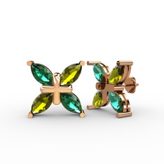 Dört Taşlı Rüzgar Küpe - Yeşil kuvars ve peridot 8 ayar rose altın küpe #2mlrcl