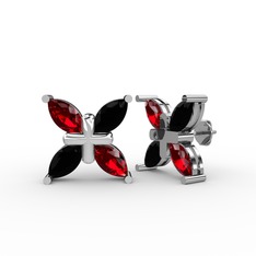 Dört Taşlı Rüzgar Küpe - Garnet ve siyah zirkon 18 ayar beyaz altın küpe #3k6rmi