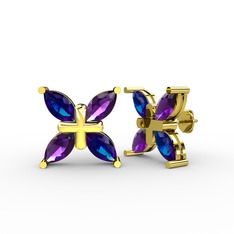 Dört Taşlı Rüzgar Küpe - Lab safir ve ametist 8 ayar altın küpe #5odjeo