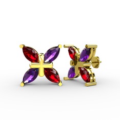 Dört Taşlı Rüzgar Küpe - Garnet ve ametist 8 ayar altın küpe #6199r1