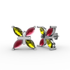 Peridot ve kök yakut 14 ayar beyaz altın küpe