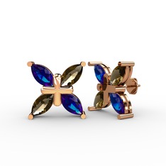 Dört Taşlı Rüzgar Küpe - Lab safir ve dumanlı kuvars 8 ayar rose altın küpe #6vj408