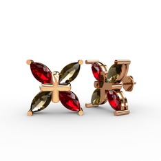 Dört Taşlı Rüzgar Küpe - Garnet ve dumanlı kuvars 8 ayar rose altın küpe #7262ad