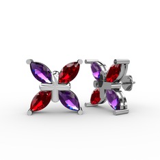 Dört Taşlı Rüzgar Küpe - Ametist ve garnet 18 ayar beyaz altın küpe #7570zl