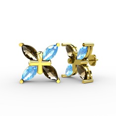 Dumanlı kuvars ve akuamarin 14 ayar altın küpe