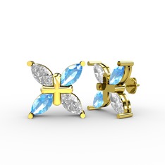 Dört Taşlı Rüzgar Küpe - Swarovski ve akuamarin 14 ayar altın küpe #7p9ycf