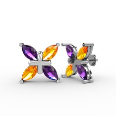 Dört Taşlı Rüzgar Küpe - Ametist ve sitrin 925 ayar gümüş küpe #7ruat6