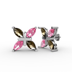 Dört Taşlı Rüzgar Küpe - Dumanlı kuvars ve pembe kuvars 8 ayar beyaz altın küpe #8cedub