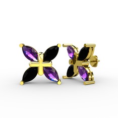 Dört Taşlı Rüzgar Küpe - Ametist ve siyah zirkon 925 ayar altın kaplama gümüş küpe #8q00rz