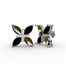 Dört Taşlı Rüzgar Küpe - Dumanlı kuvars ve siyah zirkon 18 ayar beyaz altın küpe #8y8t5q