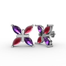 Dört Taşlı Rüzgar Küpe - Ametist ve kök yakut 925 ayar gümüş küpe #998v5r