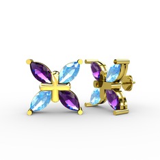 Dört Taşlı Rüzgar Küpe - Ametist ve akuamarin 925 ayar altın kaplama gümüş küpe #9hsju2