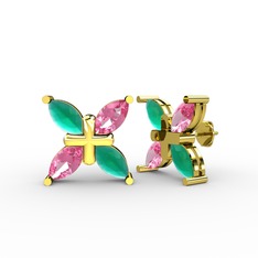 Dört Taşlı Rüzgar Küpe - Kök zümrüt ve pembe kuvars 14 ayar altın küpe #a5plqk