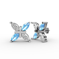 Dört Taşlı Rüzgar Küpe - Beyaz zirkon ve akuamarin 8 ayar beyaz altın küpe #bpknks