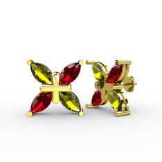 Dört Taşlı Rüzgar Küpe - Peridot ve garnet 18 ayar altın küpe #btrumg