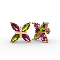 Dört Taşlı Rüzgar Küpe - Rodolit garnet ve peridot 8 ayar rose altın küpe #bz744j