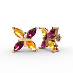 Dört Taşlı Rüzgar Küpe - Sitrin ve rodolit garnet 14 ayar rose altın küpe #cqzzgo