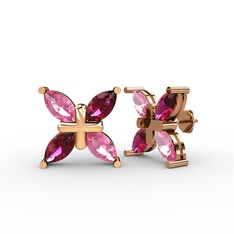 Dört Taşlı Rüzgar Küpe - Pembe kuvars ve rodolit garnet 18 ayar rose altın küpe #dusegc