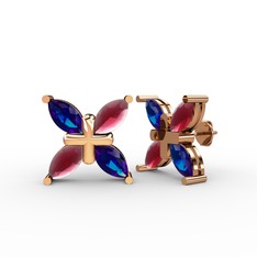 Dört Taşlı Rüzgar Küpe - Lab safir ve kök yakut 18 ayar rose altın küpe #ehuwi6