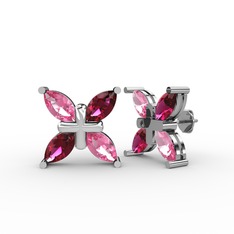 Pembe kuvars ve rodolit garnet 14 ayar beyaz altın küpe