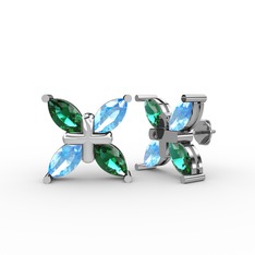 Dört Taşlı Rüzgar Küpe - Yeşil kuvars ve akuamarin 18 ayar beyaz altın küpe #fl32as