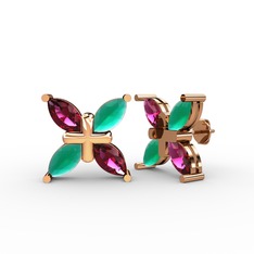 Rodolit garnet ve kök zümrüt 14 ayar rose altın küpe