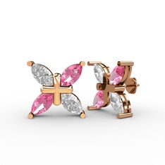 Dört Taşlı Rüzgar Küpe - Swarovski ve pembe kuvars 8 ayar rose altın küpe #g6jd6n