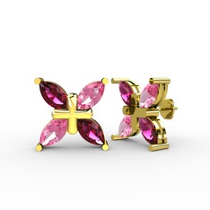 Dört Taşlı Rüzgar Küpe - Rodolit garnet ve pembe kuvars 18 ayar altın küpe #gmjjf6