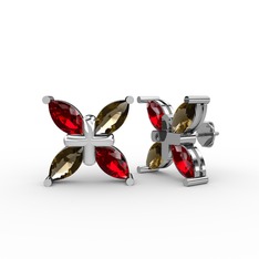 Garnet ve dumanlı kuvars 8 ayar beyaz altın küpe