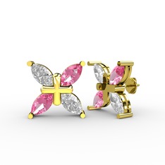 Dört Taşlı Rüzgar Küpe - Swarovski ve pembe kuvars 18 ayar altın küpe #gznko6