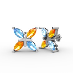 Dört Taşlı Rüzgar Küpe - Akuamarin ve sitrin 14 ayar beyaz altın küpe #inyic5