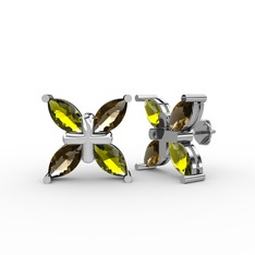 Dört Taşlı Rüzgar Küpe - Peridot ve dumanlı kuvars 18 ayar beyaz altın küpe #iop8ve