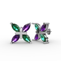 Dört Taşlı Rüzgar Küpe - Yeşil kuvars ve ametist 14 ayar beyaz altın küpe #jqihd6