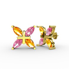 Dört Taşlı Rüzgar Küpe - Sitrin ve pembe kuvars 14 ayar altın küpe #kcvvei