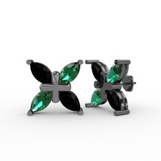 Dört Taşlı Rüzgar Küpe - Siyah zirkon ve yeşil kuvars 925 ayar siyah rodyum kaplama gümüş küpe #kvo3l5