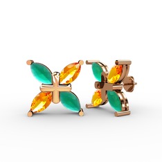 Kök zümrüt ve sitrin 18 ayar rose altın küpe