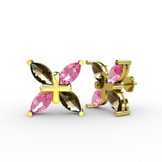 Dumanlı kuvars ve pembe kuvars 14 ayar altın küpe