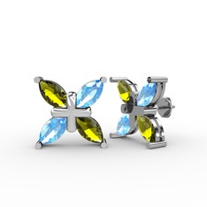 Dört Taşlı Rüzgar Küpe - Peridot ve akuamarin 8 ayar beyaz altın küpe #lqb18x