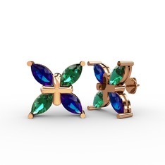 Dört Taşlı Rüzgar Küpe - Lab safir ve yeşil kuvars 18 ayar rose altın küpe #n60ss9