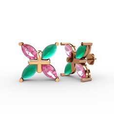 Dört Taşlı Rüzgar Küpe - Pembe kuvars ve kök zümrüt 14 ayar rose altın küpe #nwmadn