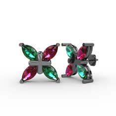 Dört Taşlı Rüzgar Küpe - Yeşil kuvars ve rodolit garnet 925 ayar siyah rodyum kaplama gümüş küpe #nx9wz9