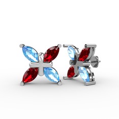 Akuamarin ve garnet 8 ayar beyaz altın küpe